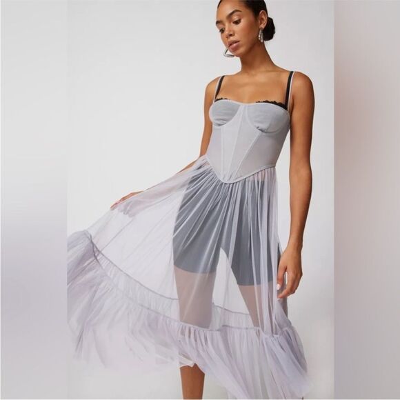 Urban Outfitters Dita Sheer Corset Midi Dress Sz M Blue Gray Tulle Sleeveless - Picture 2 of 16